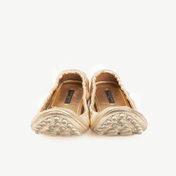 Louis Vuitton Lemon Metallic Gold Pebbled Leather Bow Scrunch Flats - Picture 3 of 11